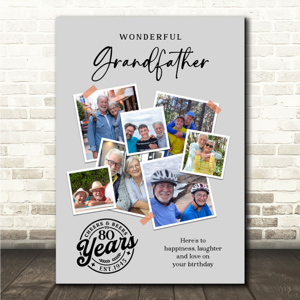 Photo Collage 80th Birthday Gift For Grandfather 7-Photo Grey Print Or Canvas