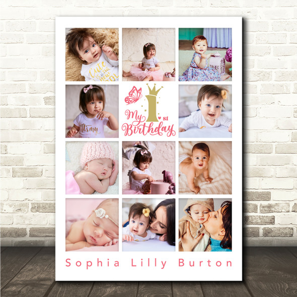 Photo Collage 11-Photo 1st Birthday Custom Gift For Baby Girl Print Or Canvas