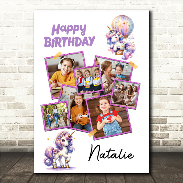 Photo Collage Kids Girls Birthday Gift 7-Photo Purple Unicorn Print Or Canvas