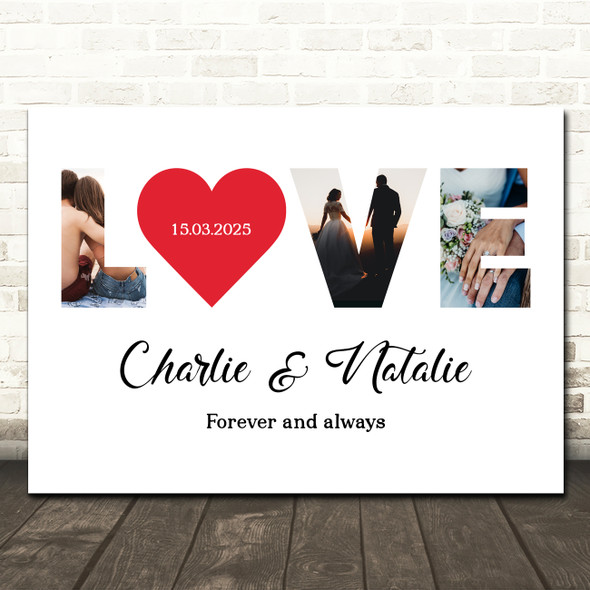 Photo Collage Wedding Anniversary Gift 3-Photo Love Red Heart Print Or Canvas