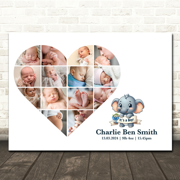 Photo Collage Gift For New Baby 14-Photo Heart Blue Elephant Print Or Canvas