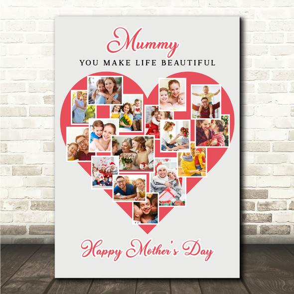 Photo Collage Gift For Mummy Mother's Day 16-Photo Red Heart Print Or Canvas