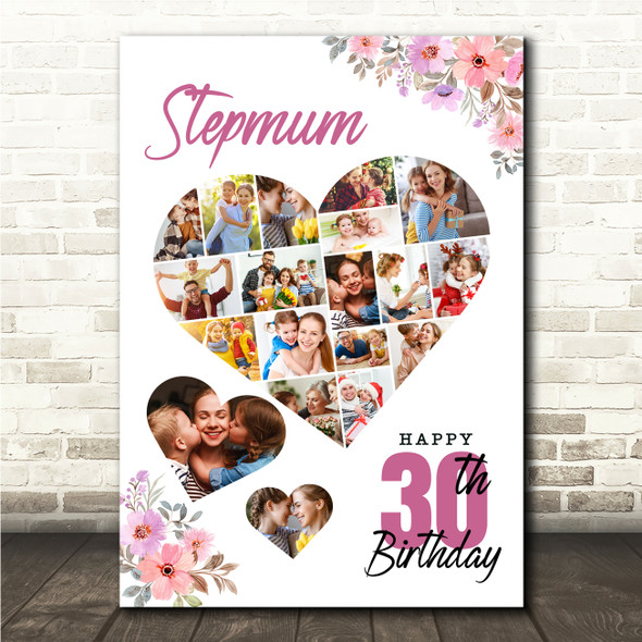 Photo Collage 30th Birthday Gift For Stepmum 19-Photo Floral Print Or Canvas