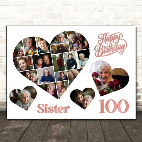 Photo Collage 100th Birthday Gift For Sister 20-Photo Hearts Print Or Canvas