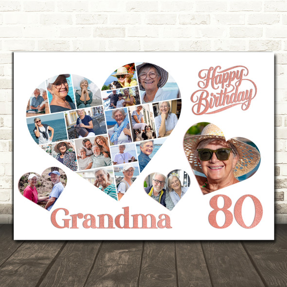 Photo Collage 80th Birthday Gift For Grandma 20-Photo Hearts Print Or Canvas