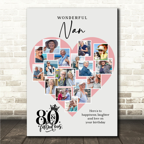 Photo Collage 80th Birthday Gift For Nan 16-Photo Pink Heart Print Or Canvas Photo Collage 80th Birthday Gift For Nan 16-Photo Pink Heart Print Or Canvas