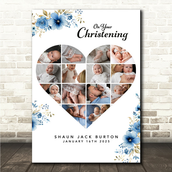 Photo Collage Christening Gift For Boys 14-Photo Blue Floral Print Or Canvas