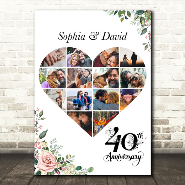 Photo Collage 40th Wedding Anniversary Gift 14-Photo Pink Floral Print Or Canvas
