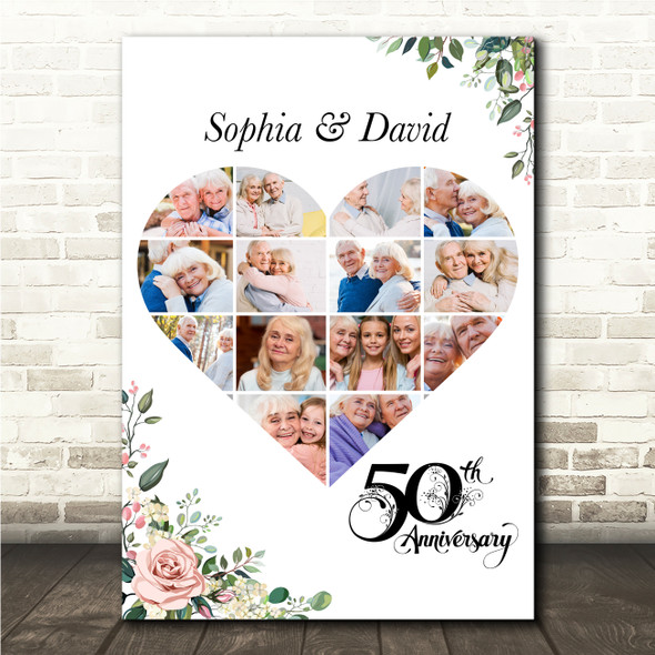 Photo Collage 50th Wedding Anniversary Gift 14-Photo Pink Floral Print Or Canvas