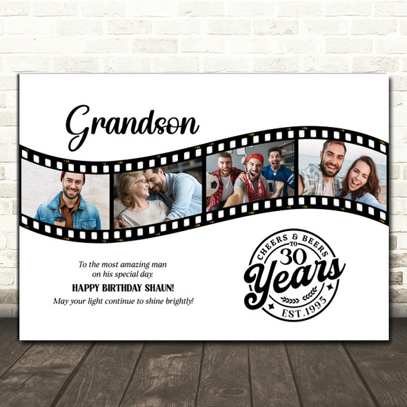 Photo Collage 30th Birthday Gift For Grandson 4-Photo Film Reel Print Or Canvas