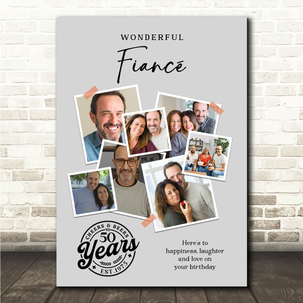 Photo Collage 50th Birthday Custom Gift For Fiancé 7-Photo Grey Print Or Canvas