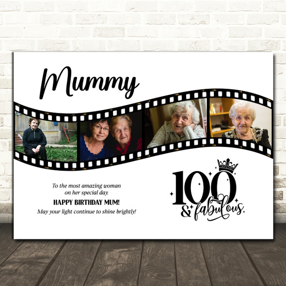 Photo Collage 100th Birthday Gift For Mummy 4-Photo Camera Film Print Or Canvas
