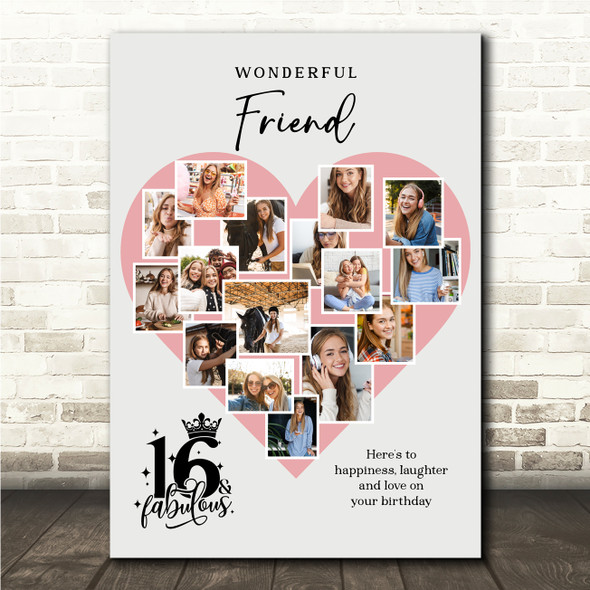 Photo Collage 16th Birthday Gift For Friend 16-Photo Pink Heart Print Or Canvas