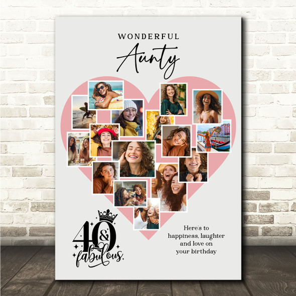 Photo Collage 40th Birthday Gift For Aunty 16-Photo Pink Heart Print Or Canvas