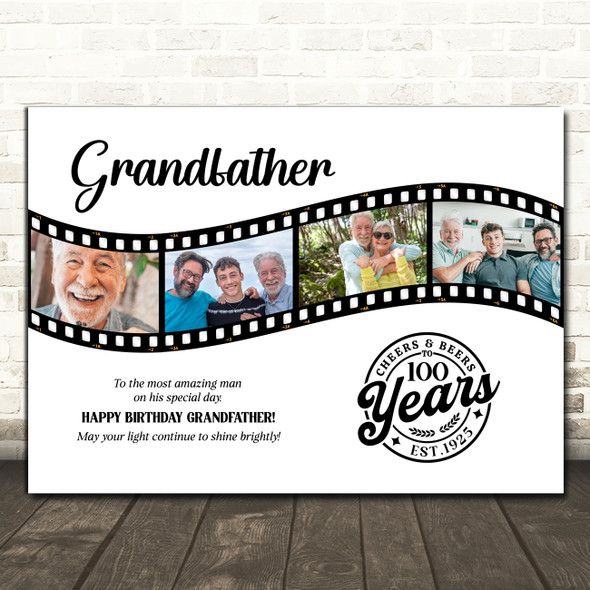 Photo Collage 100th Birthday Gift For Grandfather 4-Photo Film Print Or Canvas