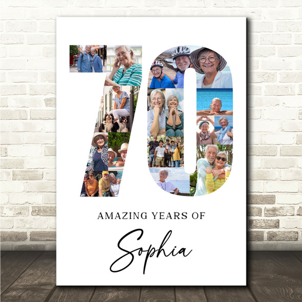 Photo Collage 70th Birthday Gift For Her 16-Photo Age 70 White Print Or Canvas