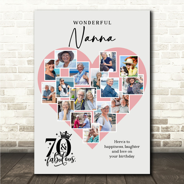 Photo Collage 70th Birthday Gift For Nanna 16-Photo Pink Heart Print Or Canvas