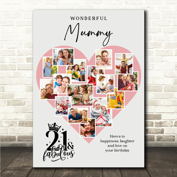 Photo Collage 21st Birthday Gift For Mummy 16-Photo Pink Heart Print Or Canvas