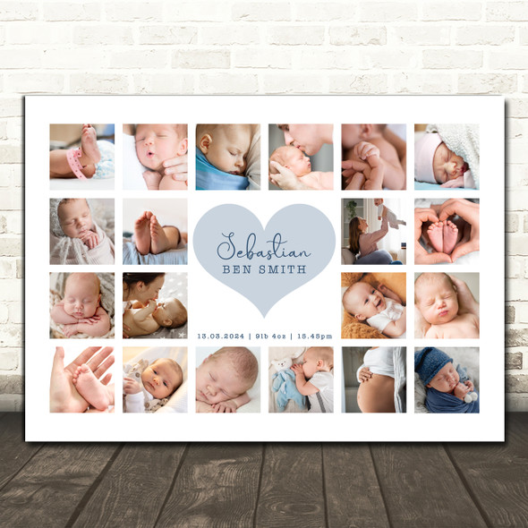 Photo Collage Gift For New Baby 20-Photo Blue Heart Landscape Print Or Canvas