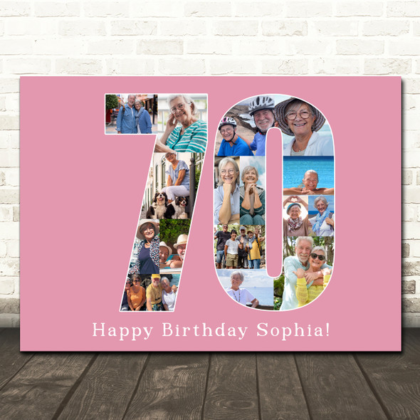 Photo Collage Print Or Canvas 70th Birthday Gift For Her 16-Photo Number 70 Pink