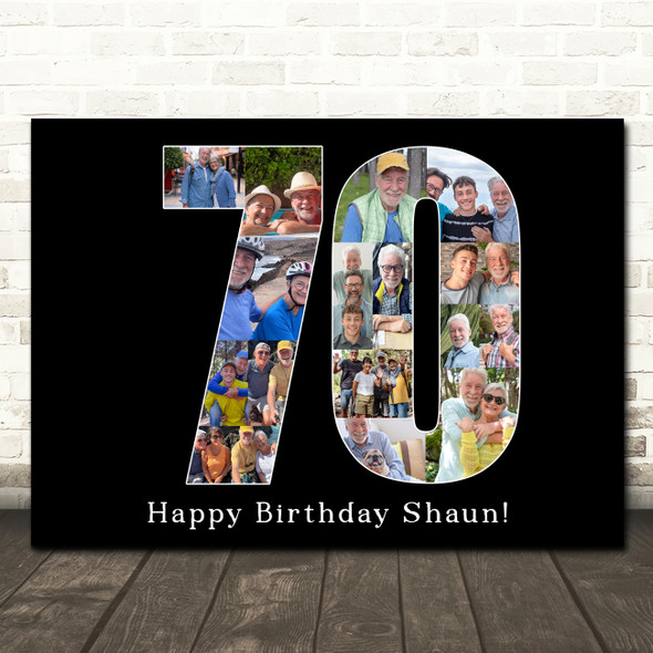 Photo Collage 70th Birthday 16-Photo Birthday Gift For Him 70 Black Print Canvas