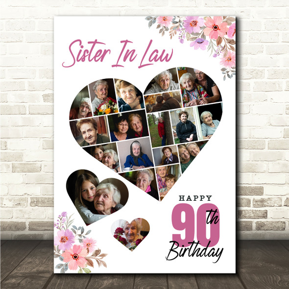 Photo Collage 90th Birthday Gift For Sister-In-Law 19-Photo Floral Print Canvas Photo Collage 90th Birthday Gift For Sister-In-Law 19-Photo Floral Print Canvas