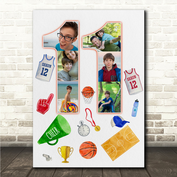Photo Collage 6-Photo 11th Birthday Gift For Kids Boys Basketball Print Canvas