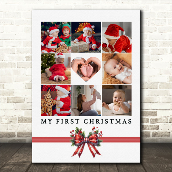 Photo Collage First Christmas Gift For Baby 9-Photo Pink Red Bow Print Canvas Photo Collage First Christmas Gift For Baby 9-Photo Pink Red Bow Print Canvas