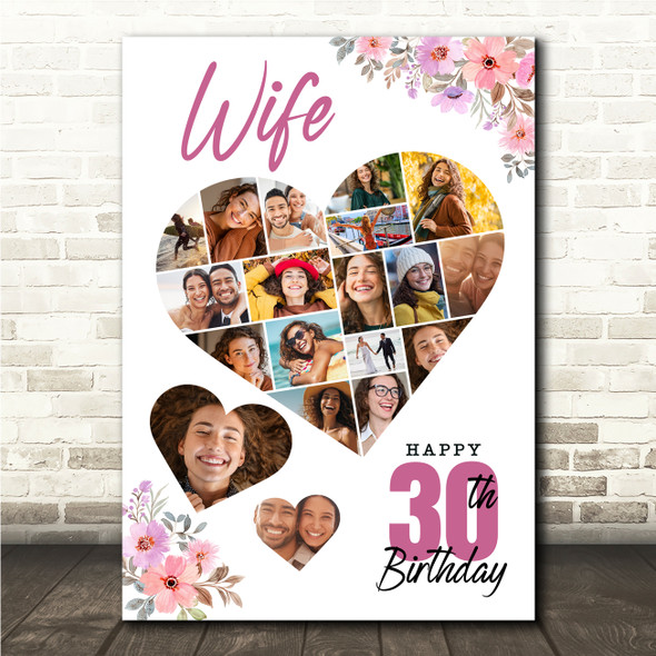 Photo Collage 30th Birthday Custom Gift For Wife 19-Photo Floral Print Or Canvas