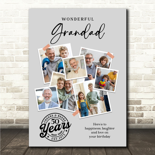 Photo Collage 50th Birthday Custom Gift For Grandad 7-Photo Grey Print Or Canvas