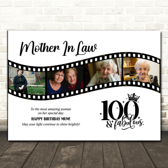 Photo Collage 100th Birthday Gift For Mother-In-Law 4-Photo Film Print Or Canvas