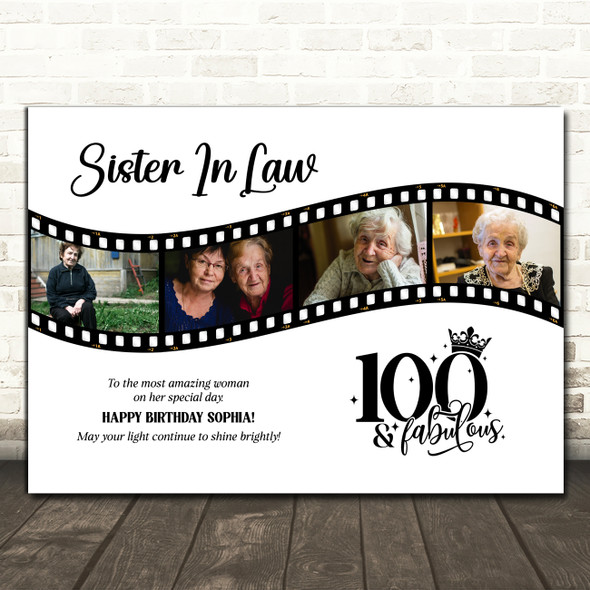 Photo Collage 100th Birthday Gift For Sister-In-Law 4-Photo Film Print Or Canvas