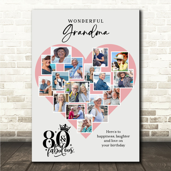 Photo Collage 80th Birthday Gift For Grandma 16-Photo Pink Heart Print Or Canvas