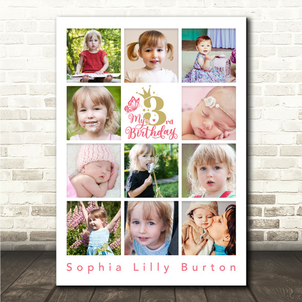Photo Collage 11-Photo 3rd Birthday Custom Gift For Toddler Girl Print Or Canvas