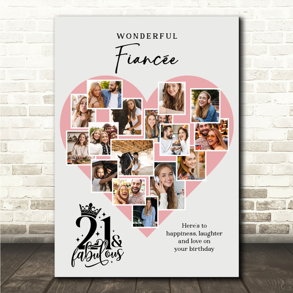 Photo Collage 21st Birthday Gift For Fiancée 16-Photo Pink Heart Print Or Canvas