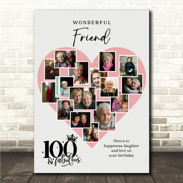Photo Collage 100th Birthday Gift For Friend 16-Photo Pink Heart Print Or Canvas Photo Collage 100th Birthday Gift For Friend 16-Photo Pink Heart Print Or Canvas
