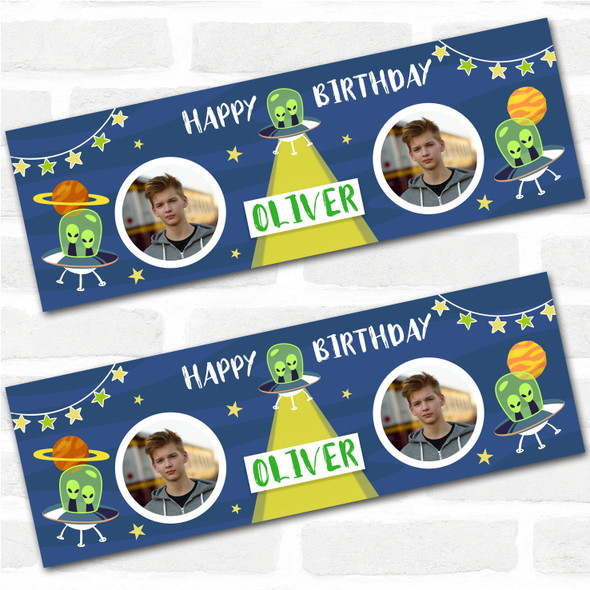 Personalised Party Banner For Birthday Photo Boys Aliens Ufo Space Blue Kids