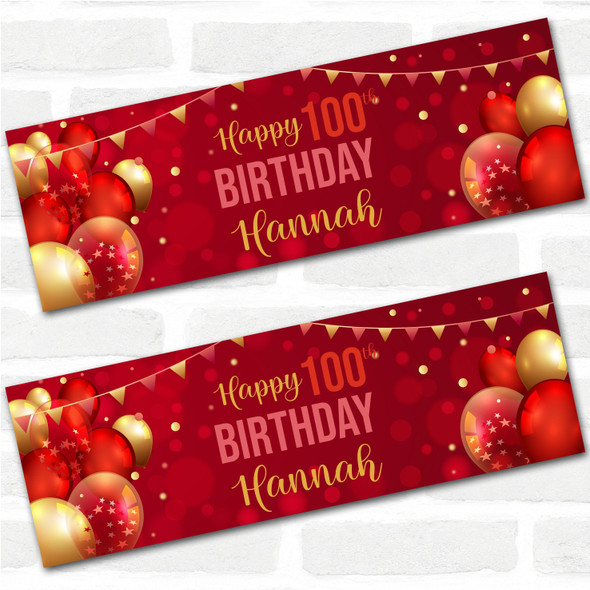 Personalised Party Banner For 100th Birthday Red Gold Balloons