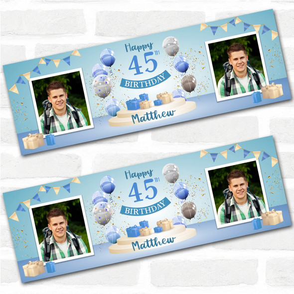 Personalised Party Banner For 45th Birthday With Photo Male Blue Balloon Gift