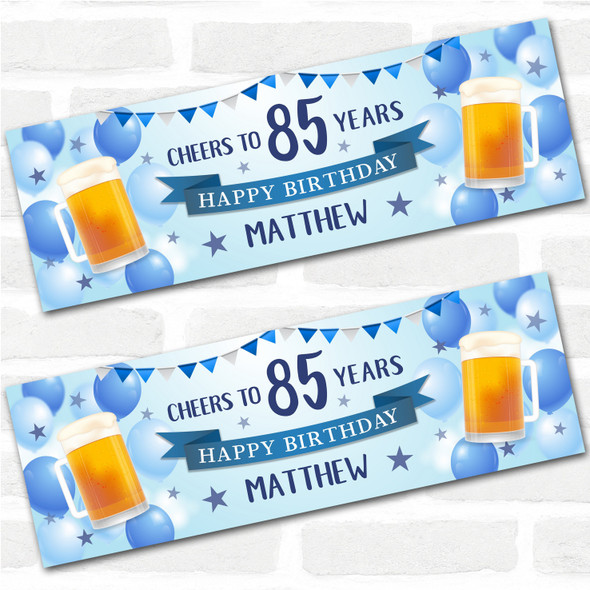 Personalised Party Banner For 85th Birthday Male Beer Blue Balloons