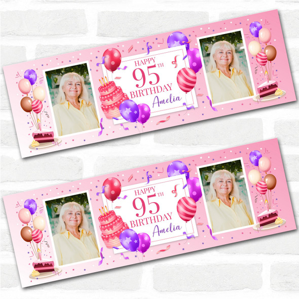 Personalised Party Banner For 95th Birthday With Photo Female Pink Cake