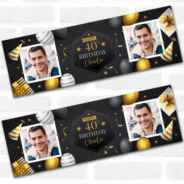 Personalised Party Banner For Birthday With Photo 40 Male Gold Black Balloons