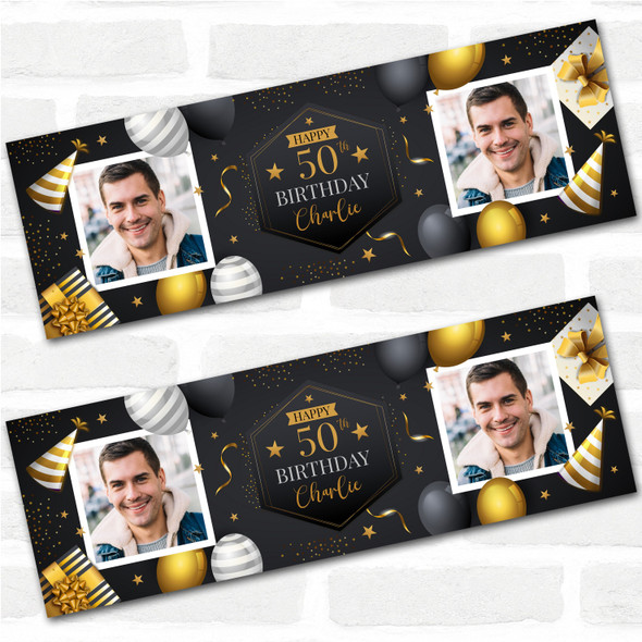 Personalised Party Banner For Birthday With Photo 50 Male Gold Black Balloons