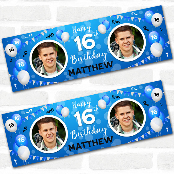 Personalised Party Banner For 16th Birthday With Photo Male Blue Balloons