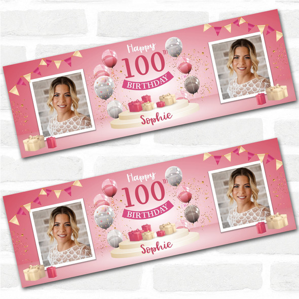 Personalised Party Banner For 100th Birthday With Photo Female Pink Balloon Gift