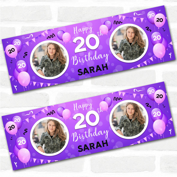 Personalised Party Banner For 20th Birthday With Photo Female Purple Balloons Personalised Party Banner For 20th Birthday With Photo Female Purple Balloons