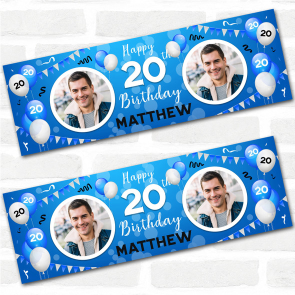 Personalised Party Banner For 20th Birthday With Photo Male Blue Balloons Personalised Party Banner For 20th Birthday With Photo Male Blue Balloons
