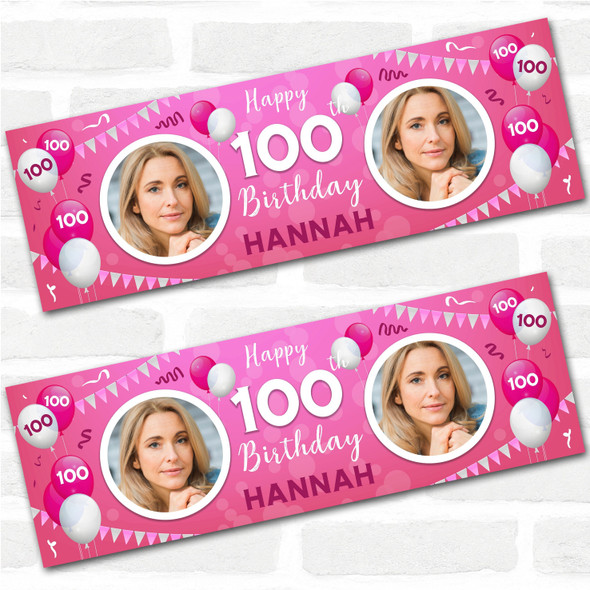 Personalised Party Banner For 100th Birthday With Photo Female Pink Balloons Personalised Party Banner For 100th Birthday With Photo Female Pink Balloons