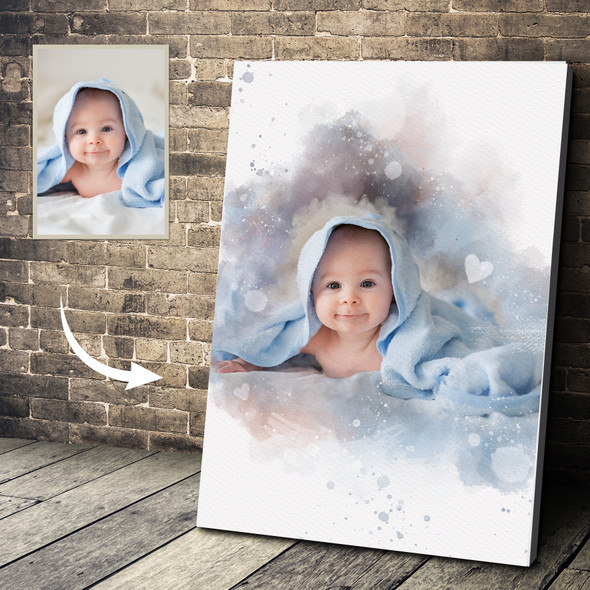 Personalised New Baby Watercolour Portrait From Your Photo, Baby Gift, Framed Print Canvas
