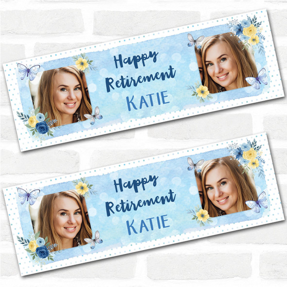 Personalised Party Banner For Retirement Photo Blue Floral Butterfly